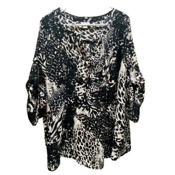 Avenue V-Neck Blouse Women's 20 Black White Animal Print 3/4 Roll Tab Sleeves - Picture 1 of 8